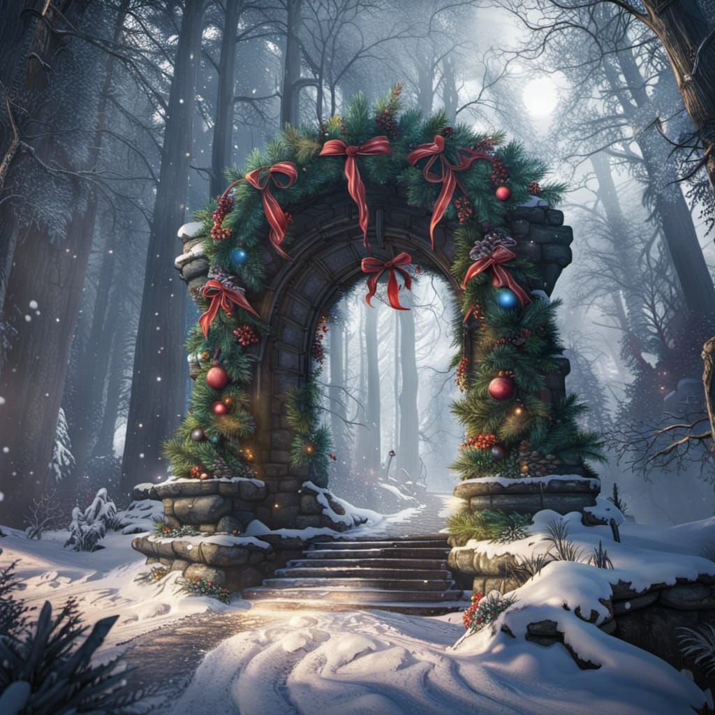 Christmas Archway in Forest: Detailed Matte Painting