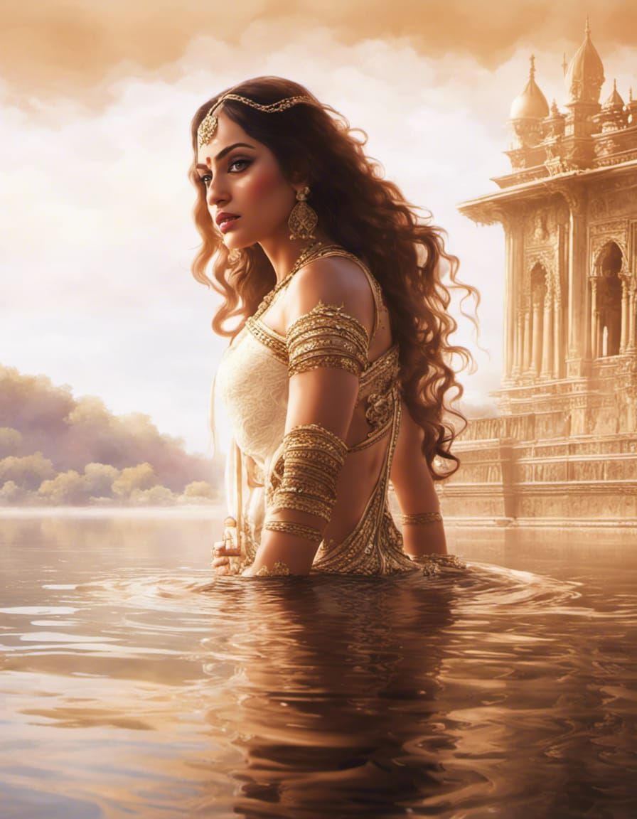 Indian Princess in Lake: Detailed Concept Art