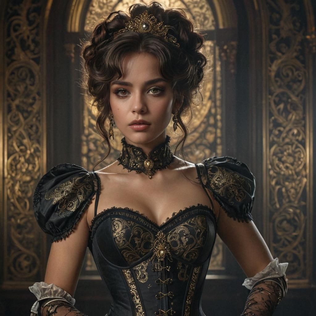 Elegant Fantasy Enchantress in Dark, Golden Accents