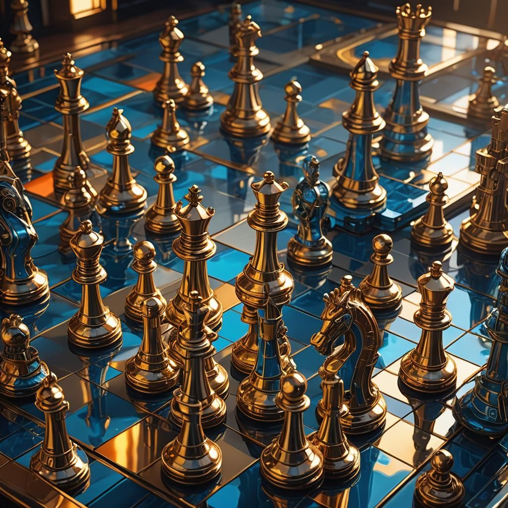 Golden Chess on Stained Glass in Sci-Fi Style