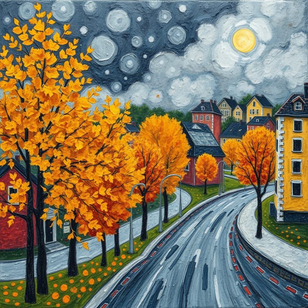 Scandinavian Autumn City Thunderstorm: Encaustic Impasto Art