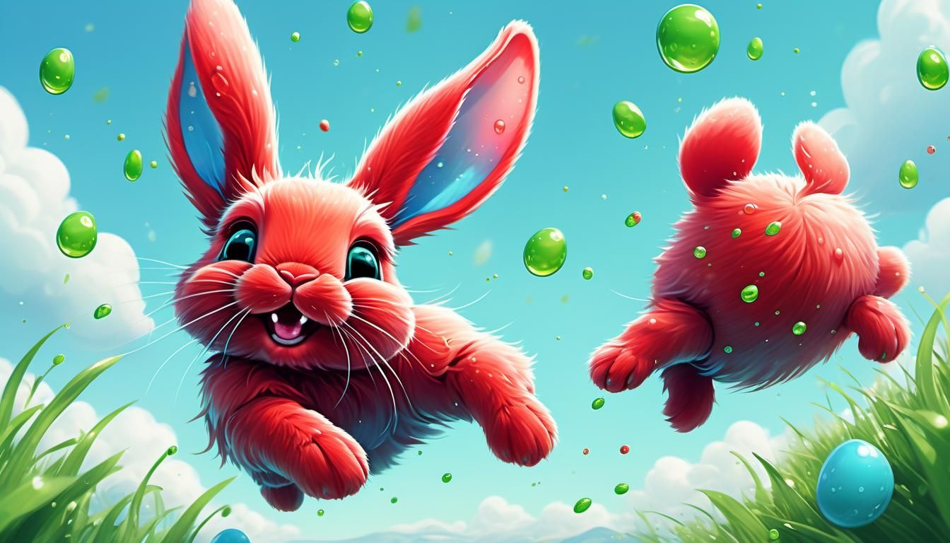 Crimson Bunny's Whimsical Cartoon Leap in Pastel Colors