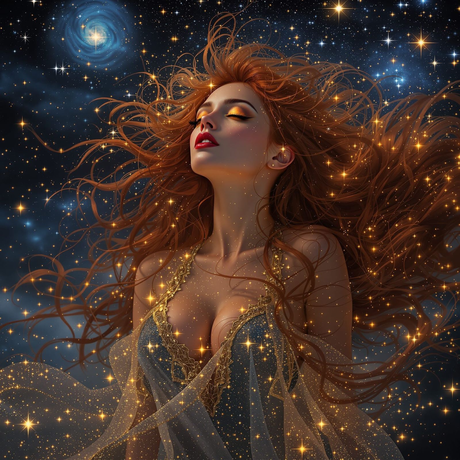 Ethereal Woman with Starry Eyes in Art Nouveau Style