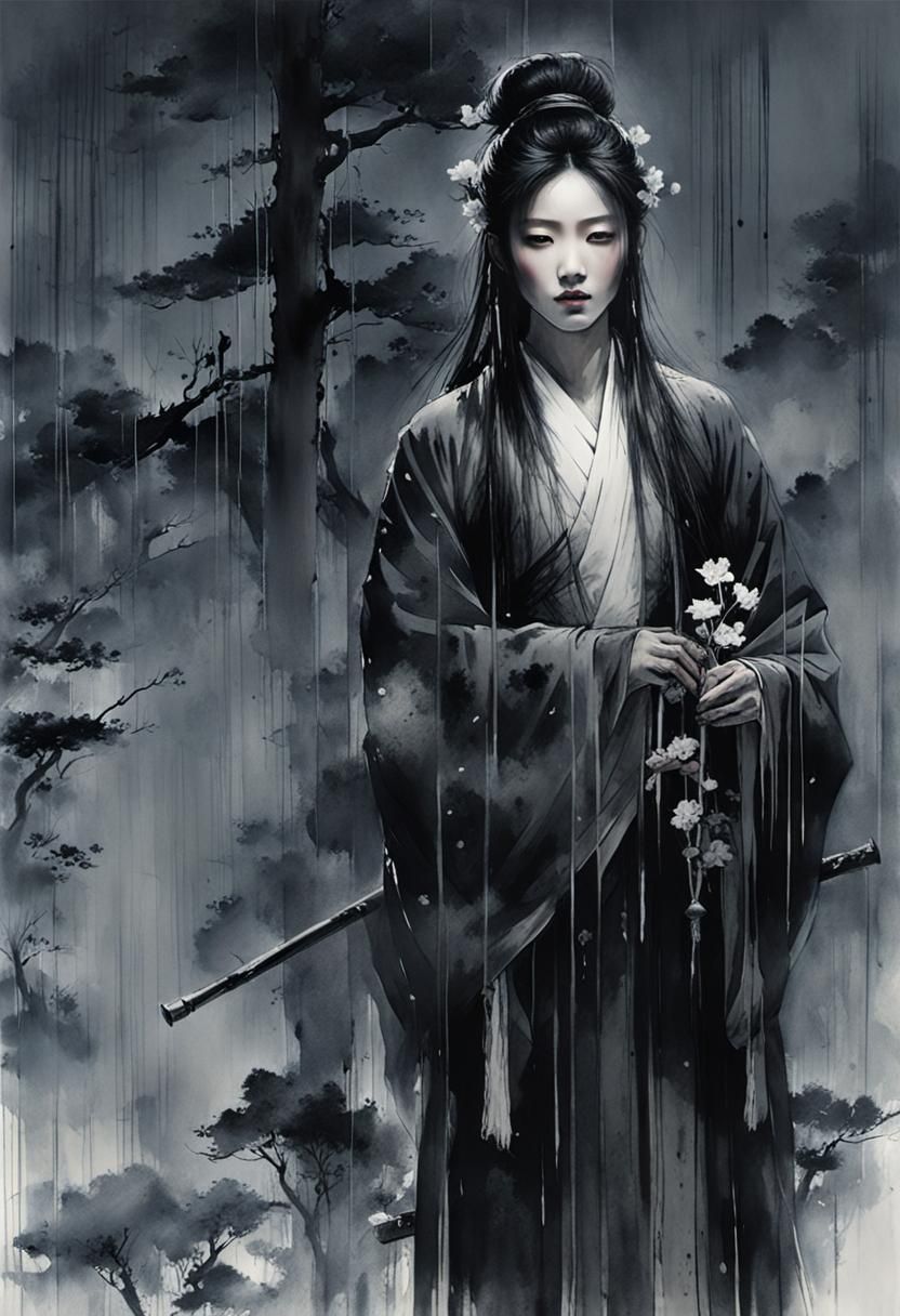 Chinese Ink Wash Painting: Moonlit Figure