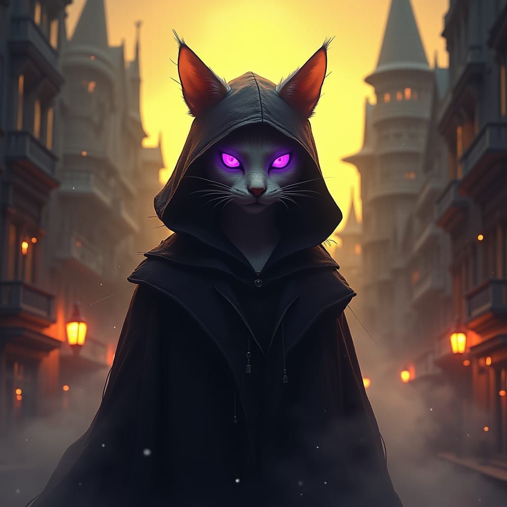 Cyberpunk Cat Hacker in Dystopian Cityscape