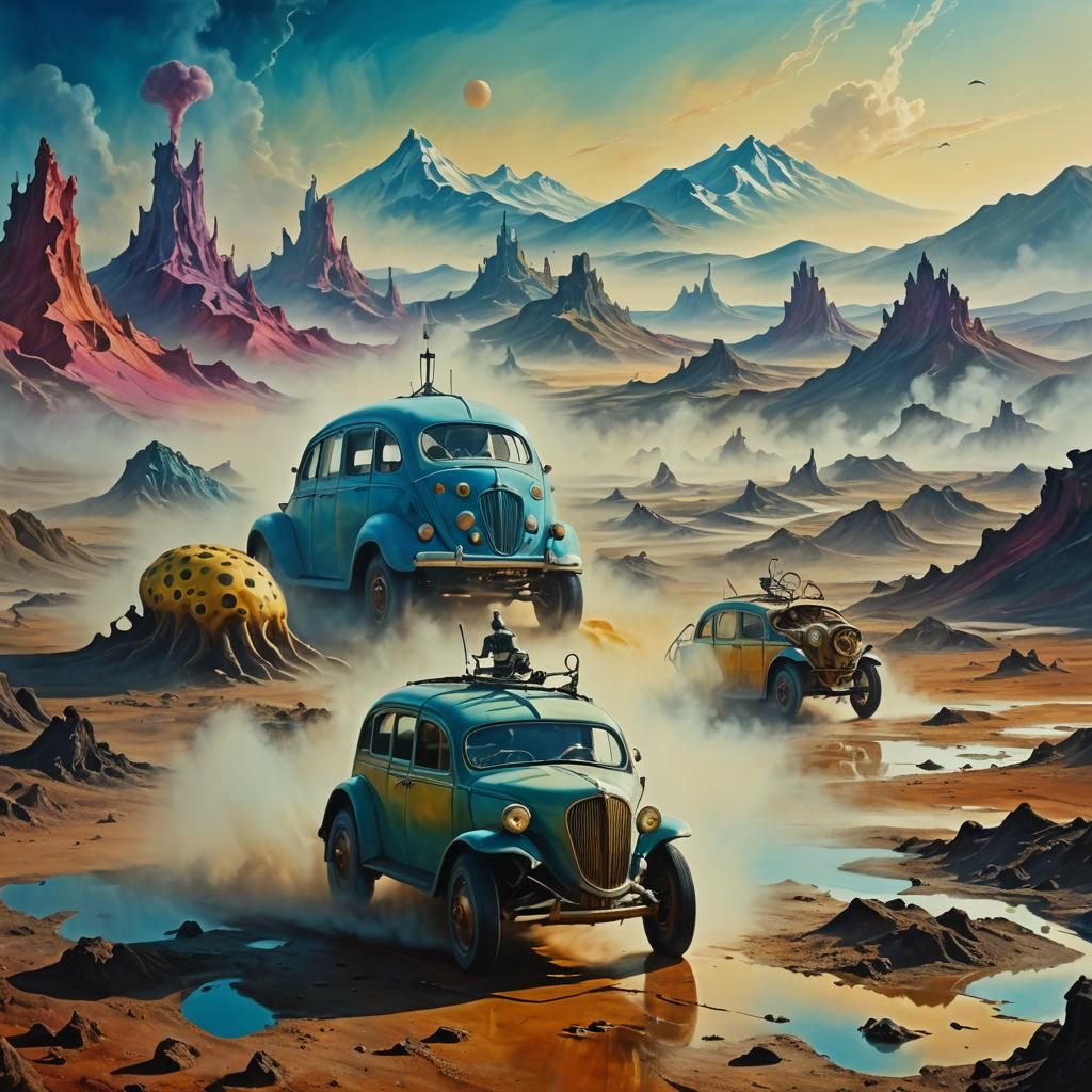 Surreal Creatures on Wheels in Dreamlike Landscape