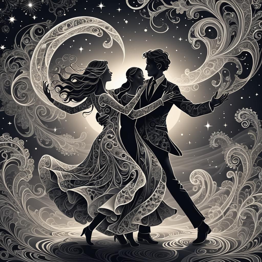 Couple Dancing Under Moonlight in Zentangle Style
