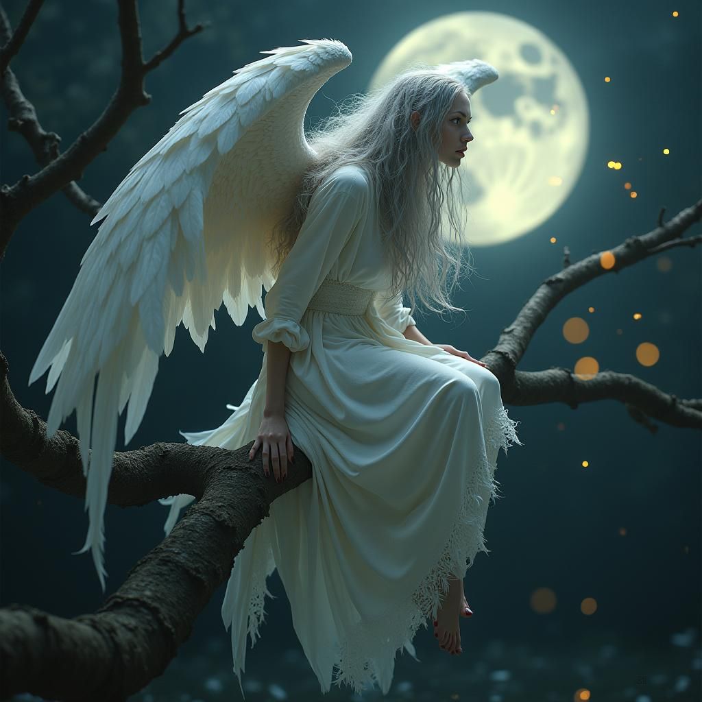 Winged Woman Perched on Branch in Beksiński Style