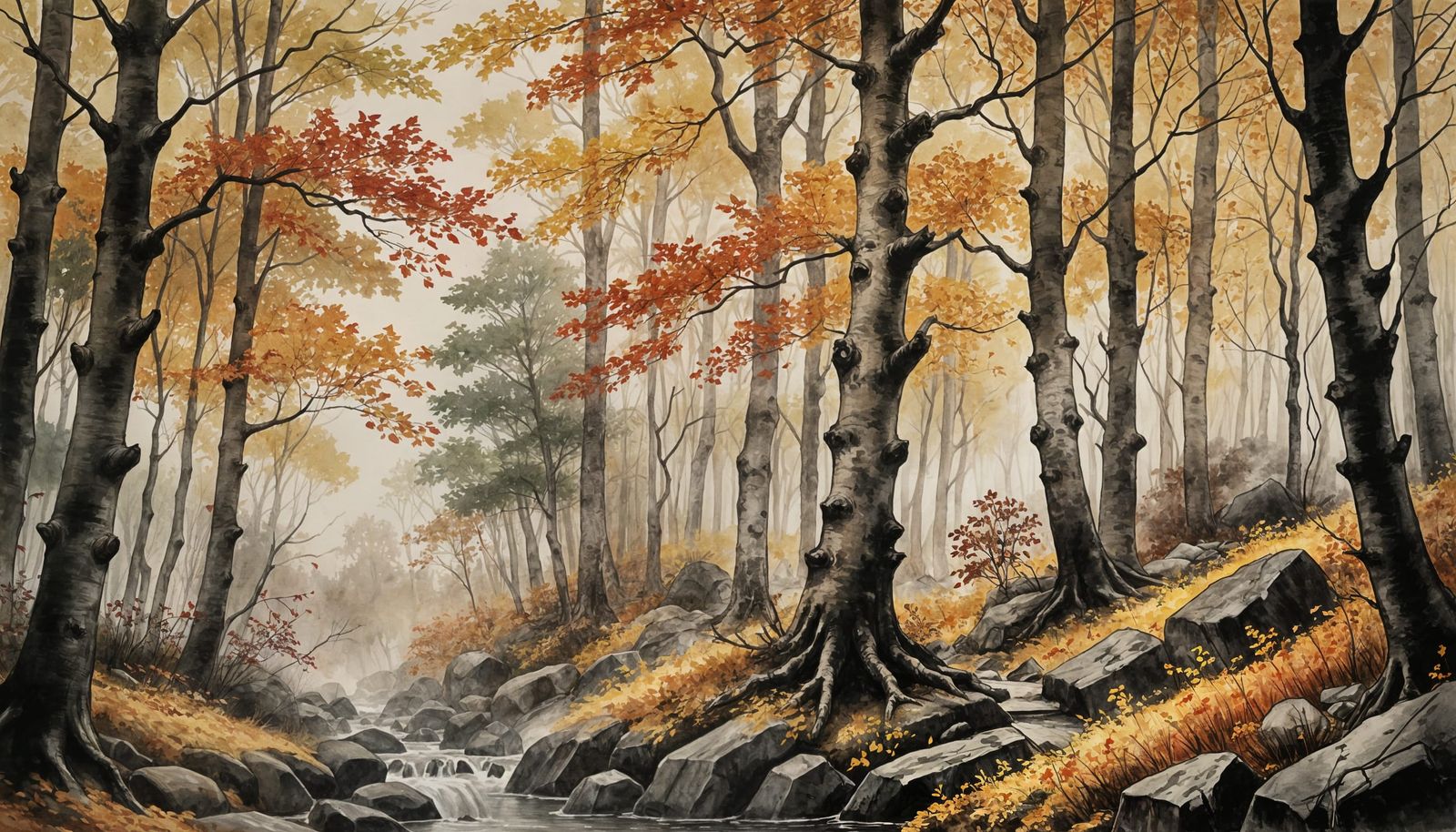 Vibrant Autumn Forest in Ink and Wash Style