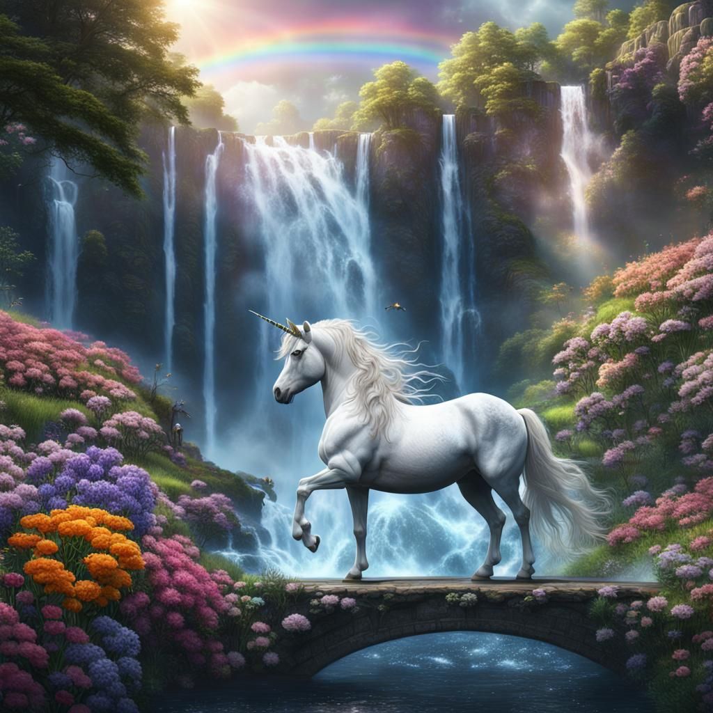 Unicorn with Rainbow Bridge Power in Waterfall