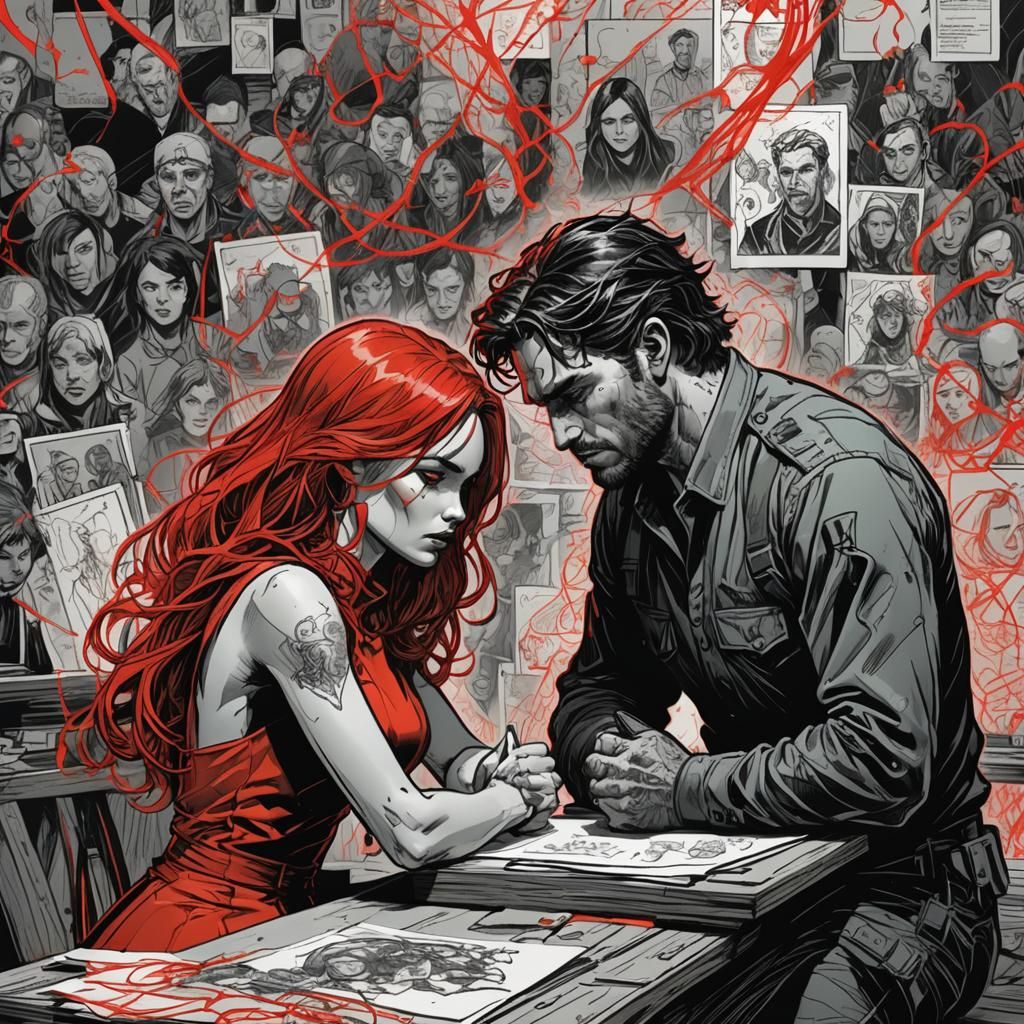 Chaotic Scribble Art: Love and War in Black and Red