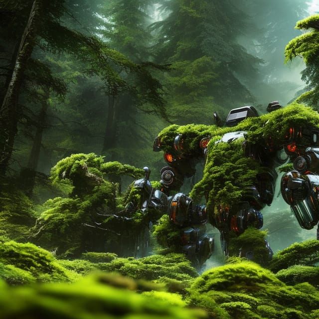 Moss-Covered Futuristic Mecha in Forest, Detailed Concept Ar...