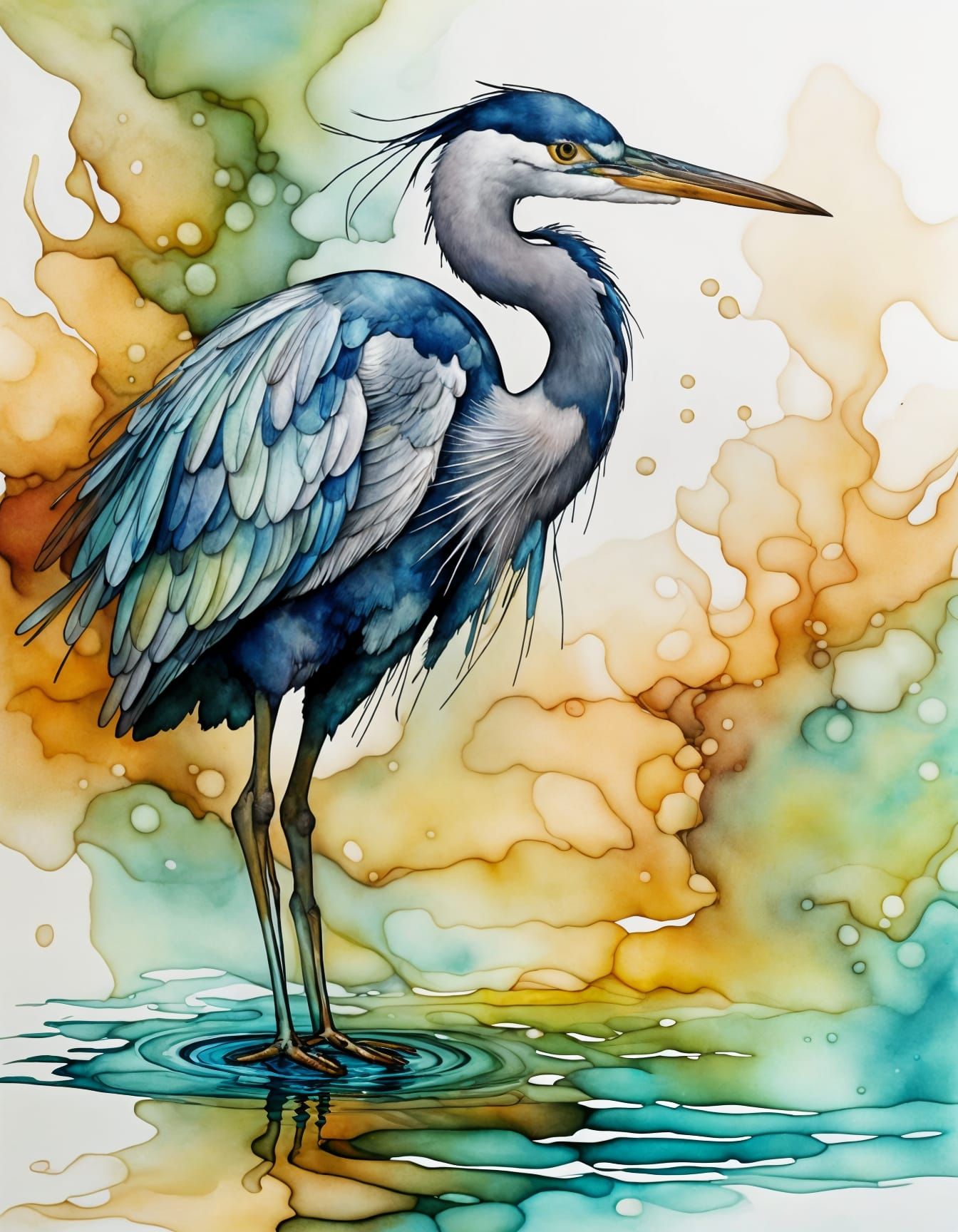 Heron in Water, Alcohol Ink Style