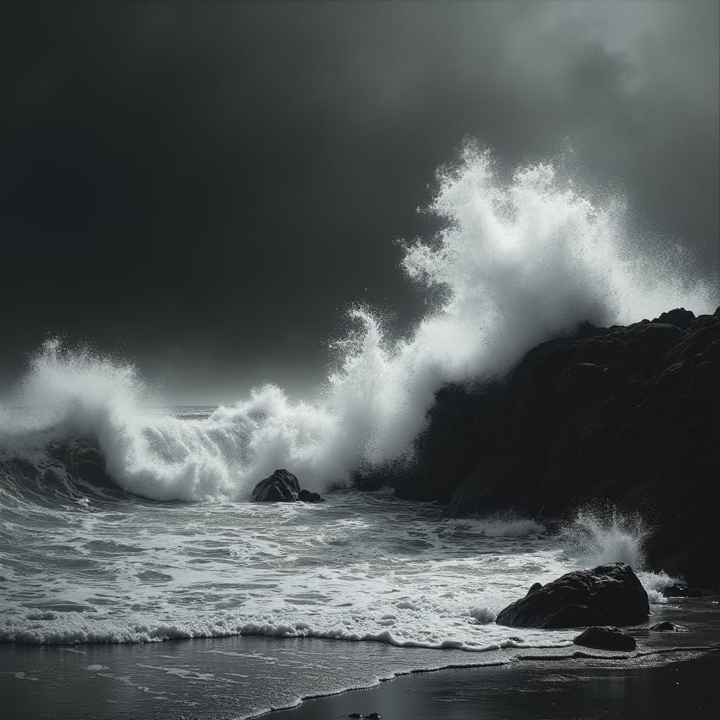 Hyperrealistic Charcoal Waves Crashing on Shore