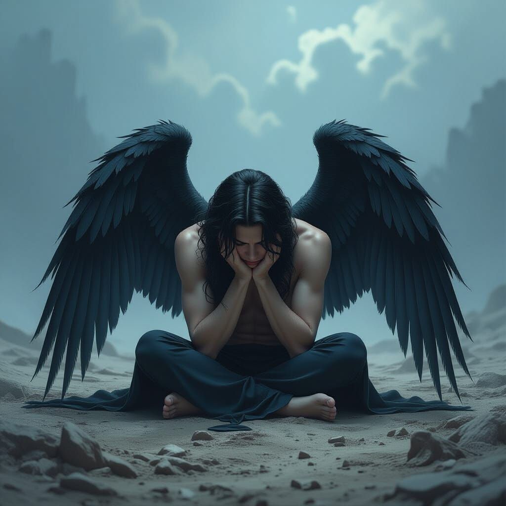 Sad Angel with Black Wings in Eerie Landscape
