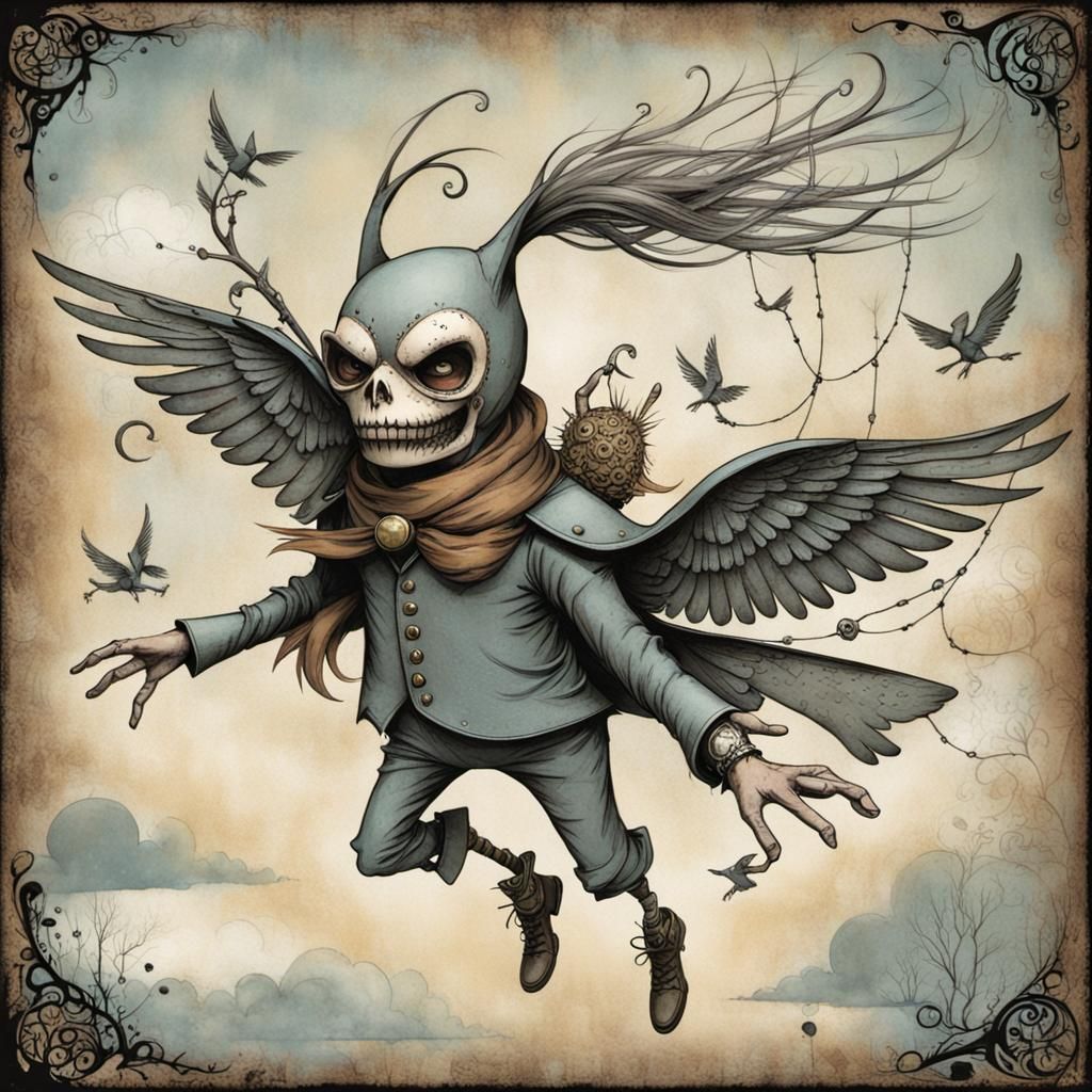 Whimsical Flying Figure in Dark Art Style