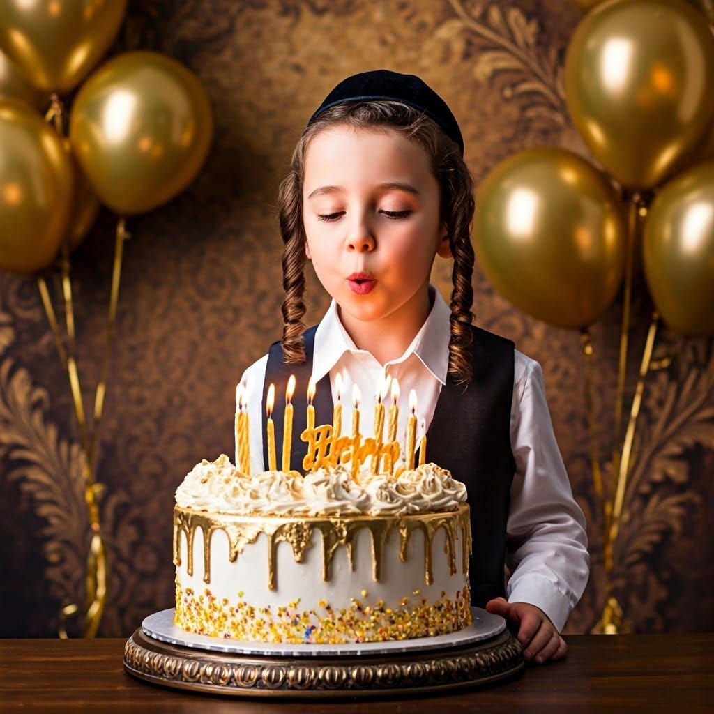 A Haredi Boy Blows Out Candles on a Golden Birthday Cake