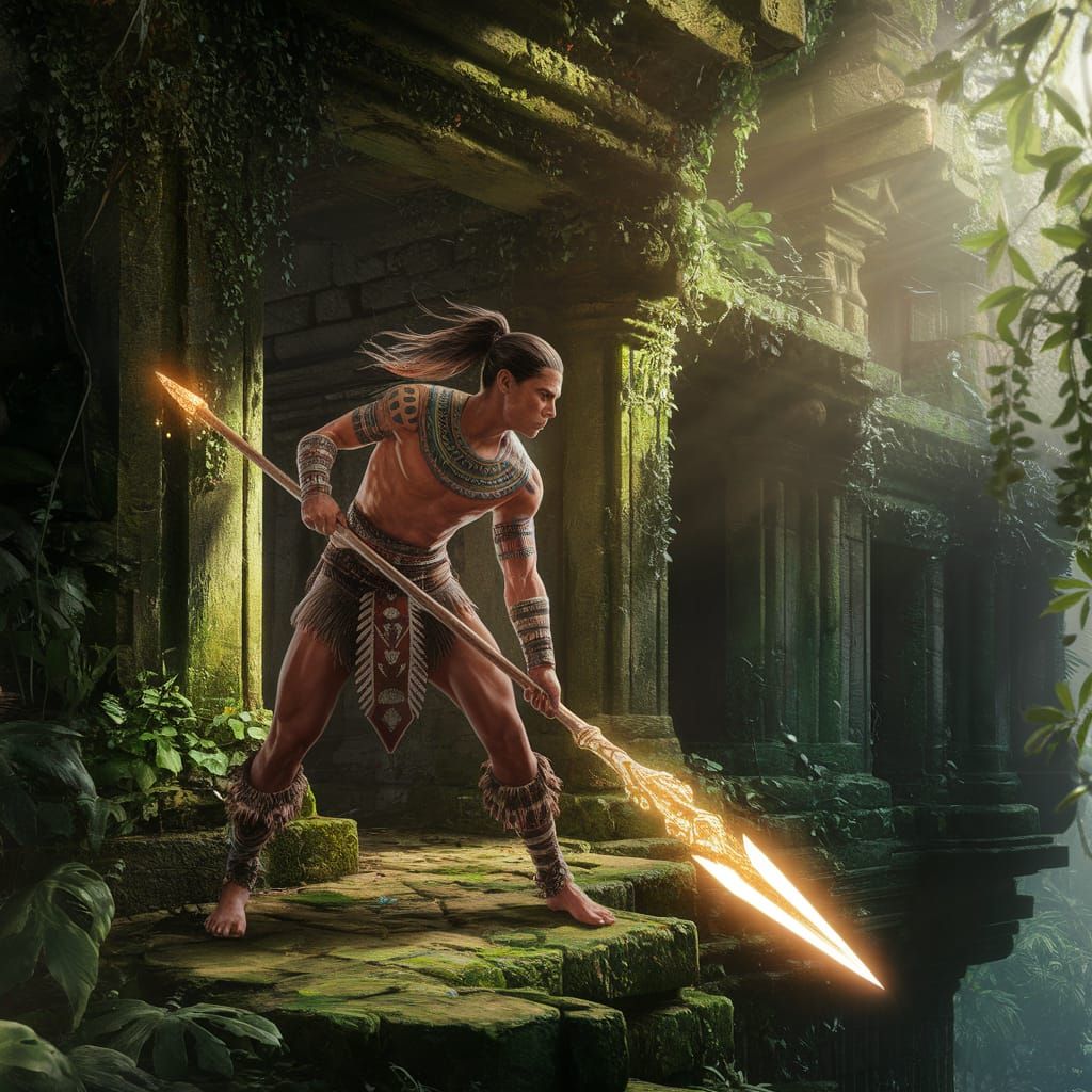 Amazonian Warrior with Glowing Spear in Jungle Temple