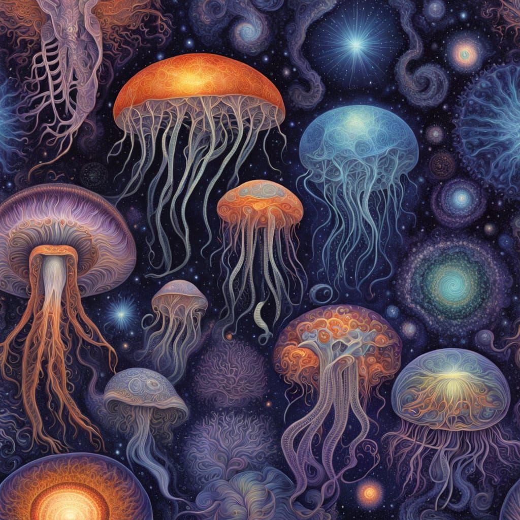 Bioluminescent Jellyfish Drifts Through Surreal Cosmic Space...