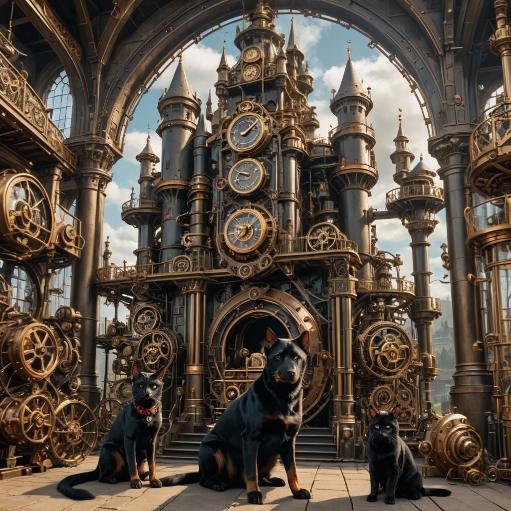 (A giant dog sitting at the front of a magnificent castle wi...
