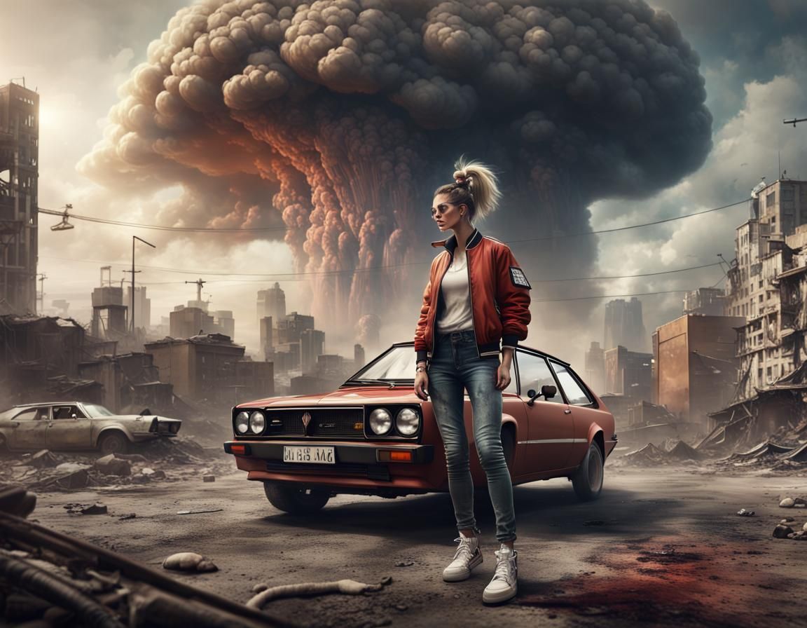 Woman and Car in Post-Apocalyptic Cityscape