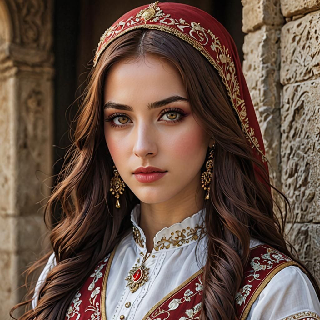 Young Red-Haired Girl in Turkish Inn, Cinematic Still