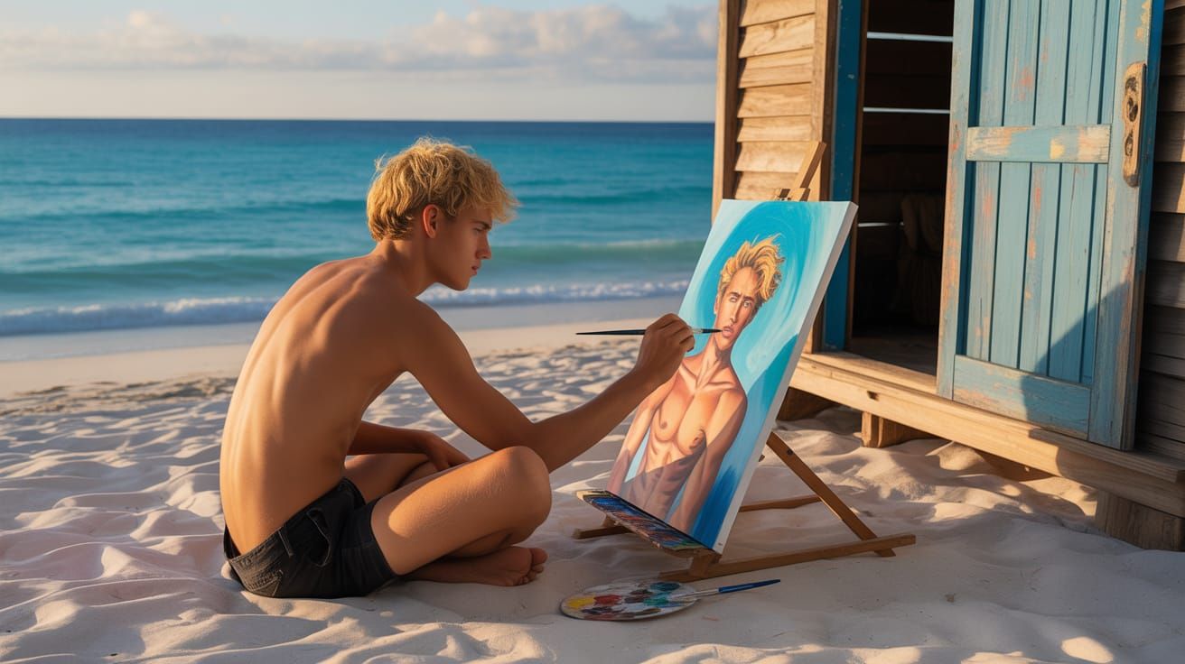 Man Painting Self-Portrait on a White Sand Beach