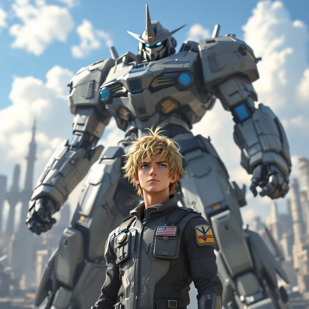 Dashing Fighter Pilot Stands Heroically with Colossal Battle...