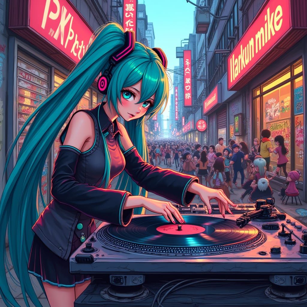 Hatsune Miku DJ in Graffiti Alley, Digital Art