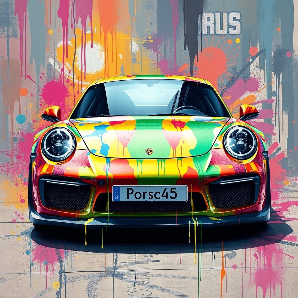 Futuristic Porsche Graffiti Art in Vibrant Street Style