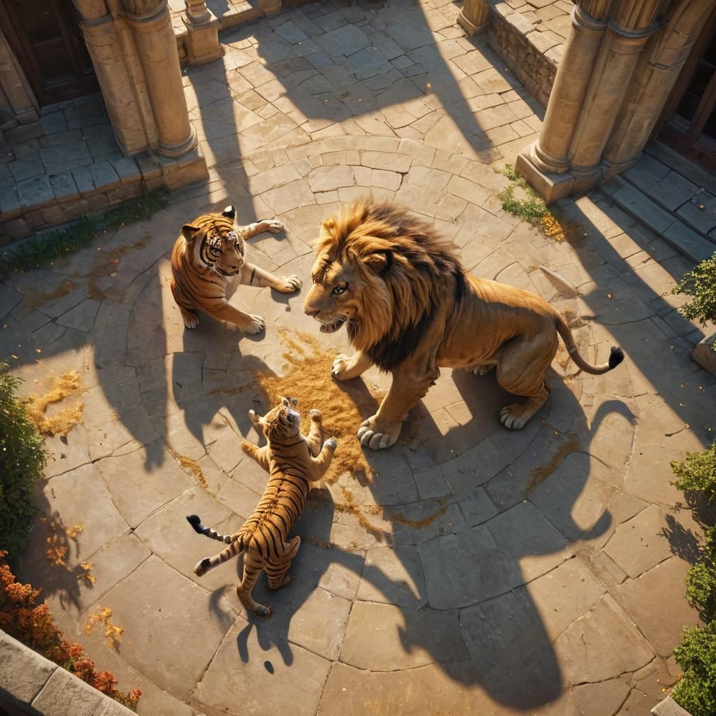 Lion and Tiger Battle in Enchanted Castle Courtyard