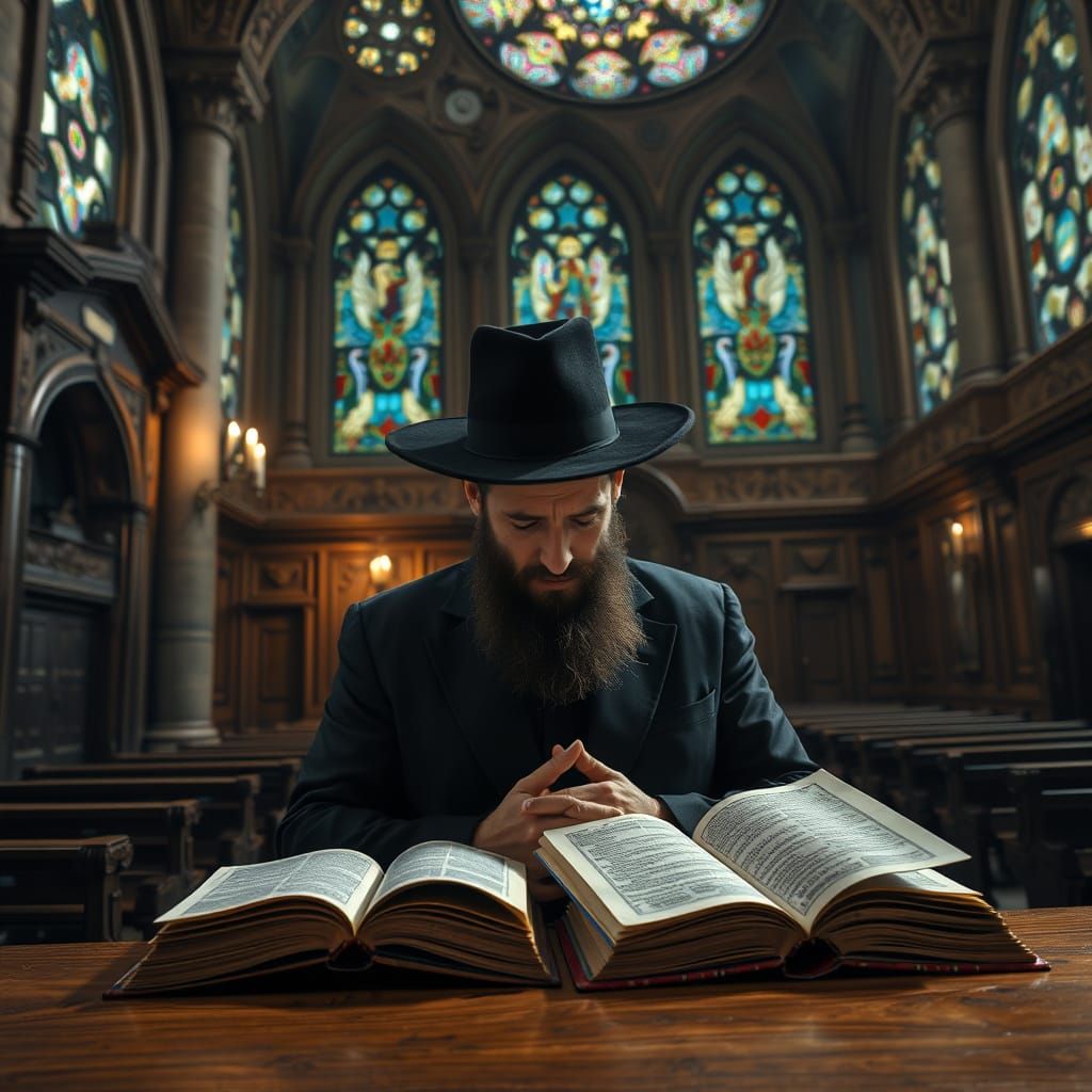 Hasidic Jew Praying in Ornate Synagogue, Digital Matte Paint...