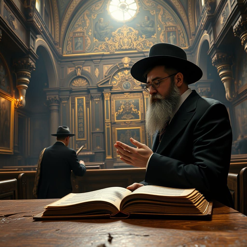 Hasidic Jew Praying in Ancient Synagogue