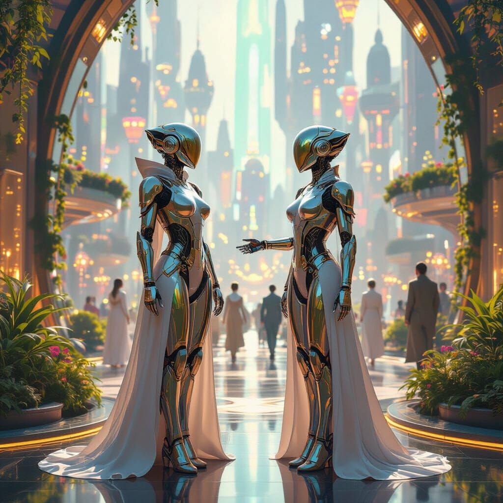 Cyborgs in Opulent Futuristic Clothes in Utopian City