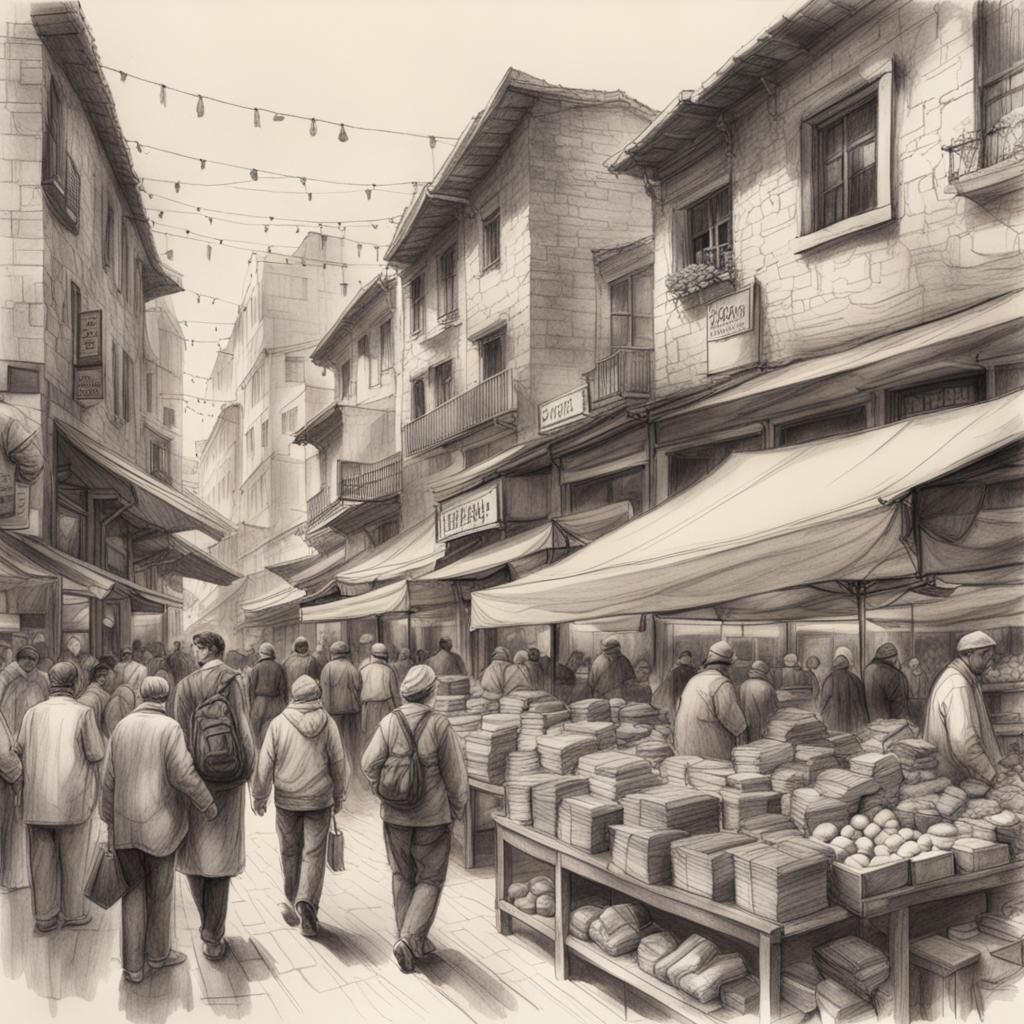 Detailed Pencil Sketch of a Bustling Marketplace
