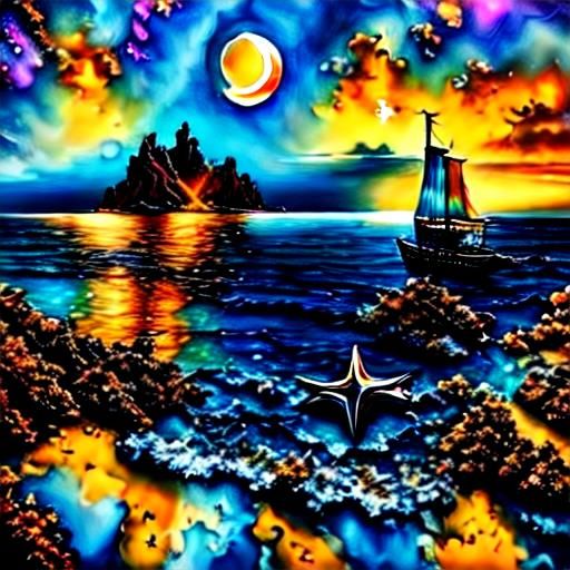 Watercolor Yacht Under Starry Sky Fantasy