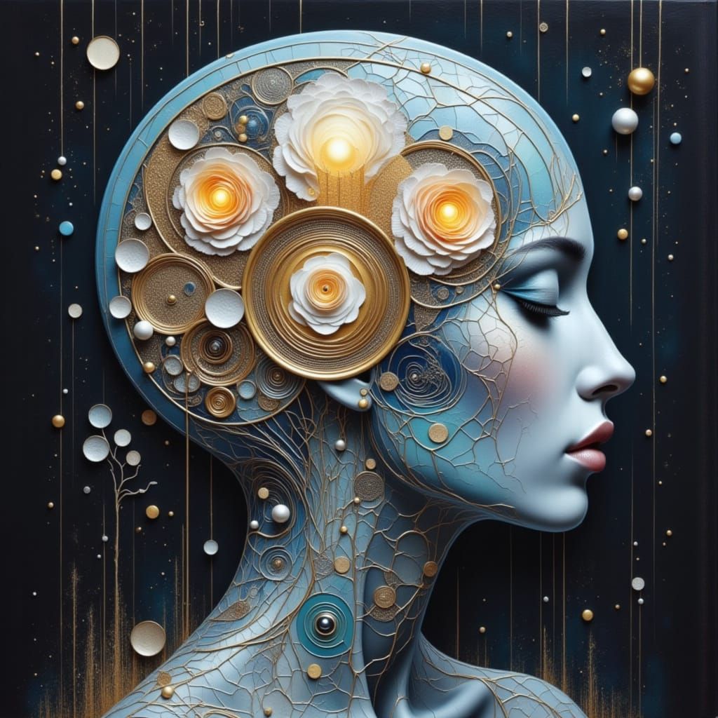 Artist's Head Enveloped in Luminous Dream Sphere