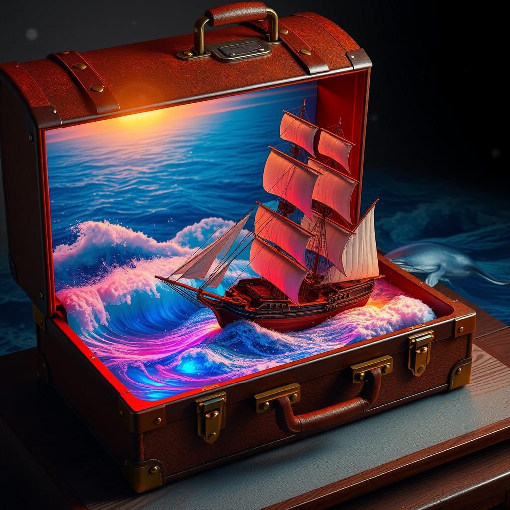 Vintage Suitcase Unveils Majestic Sailing Ship at Sunset