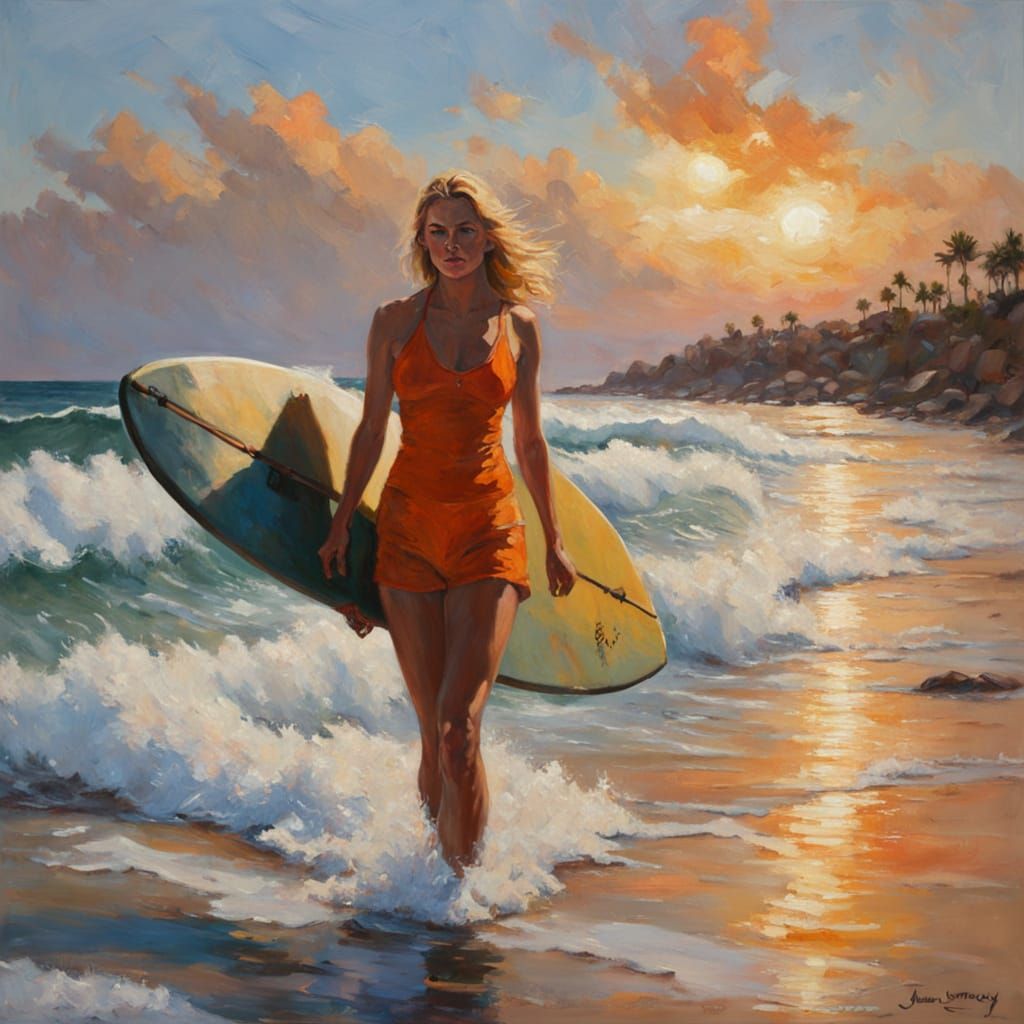 Woman with Surfboard: Impressionist Oil Painting