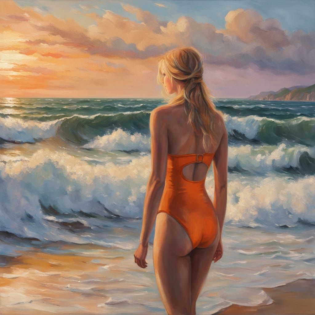 Blonde Woman with Surfboard on Beach as Oil Painting