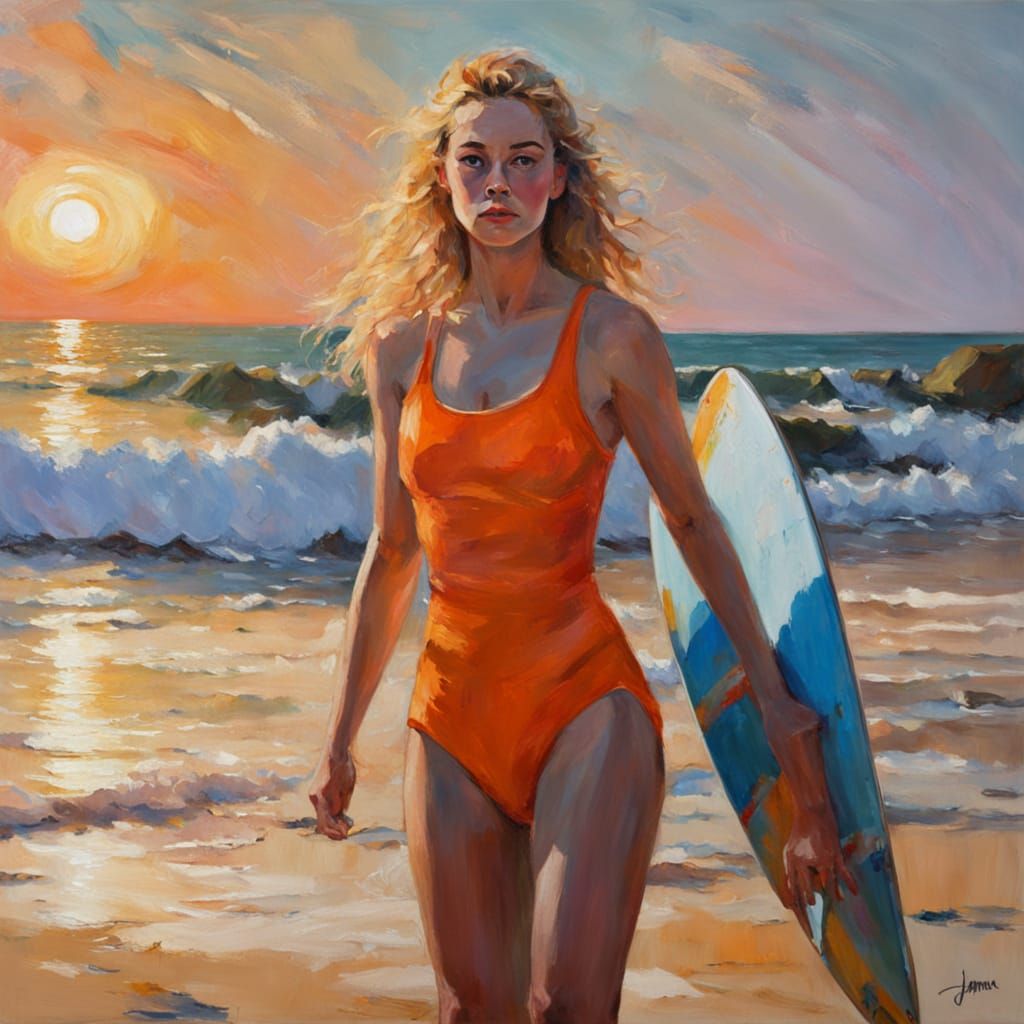 Impressionist Painting of Blonde Woman on Beach