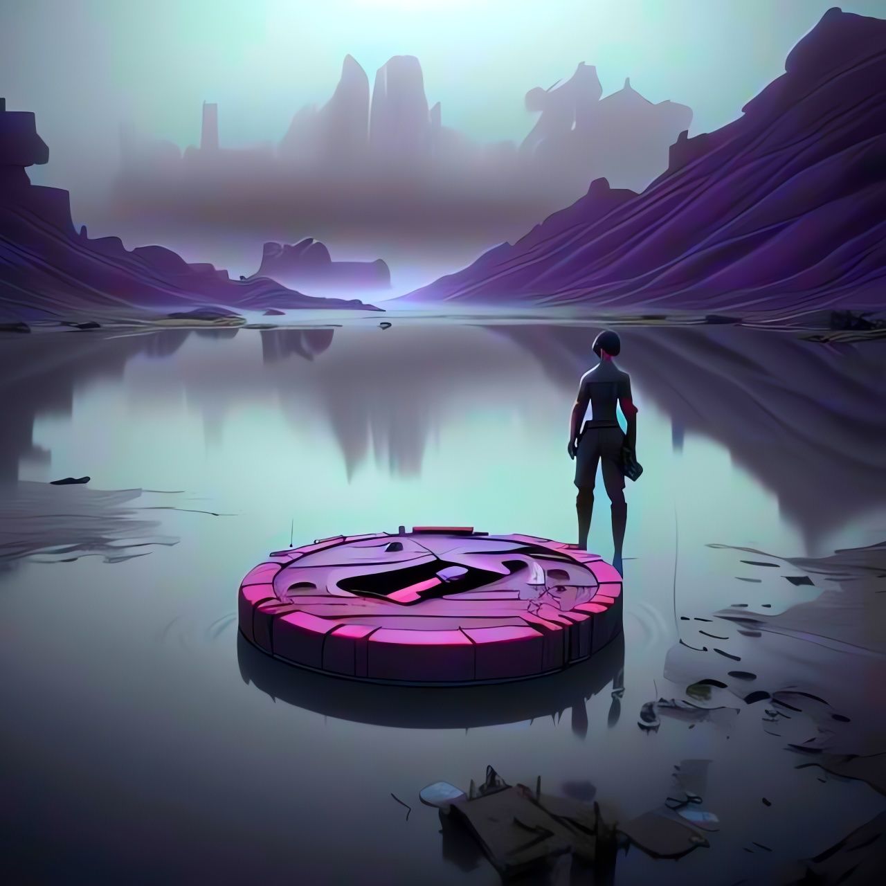 Eerie Rusty Coin in Post-Apocalyptic Lake