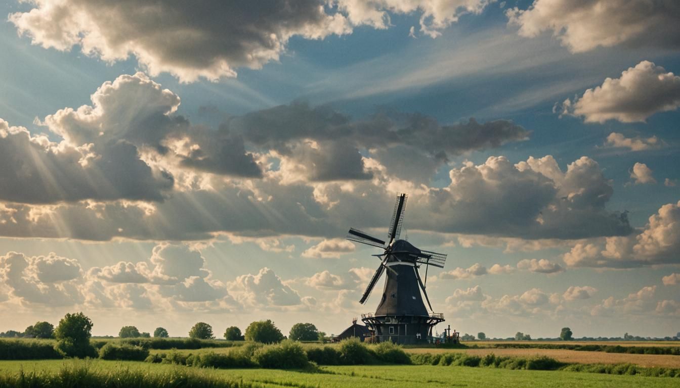 Picturesque Dutch Landscape with Windmill in Sunlight