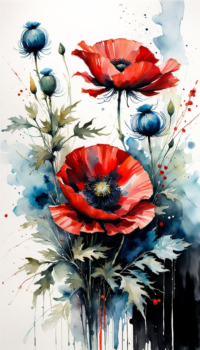 Ikebana flower arrangement, red poppy flowers