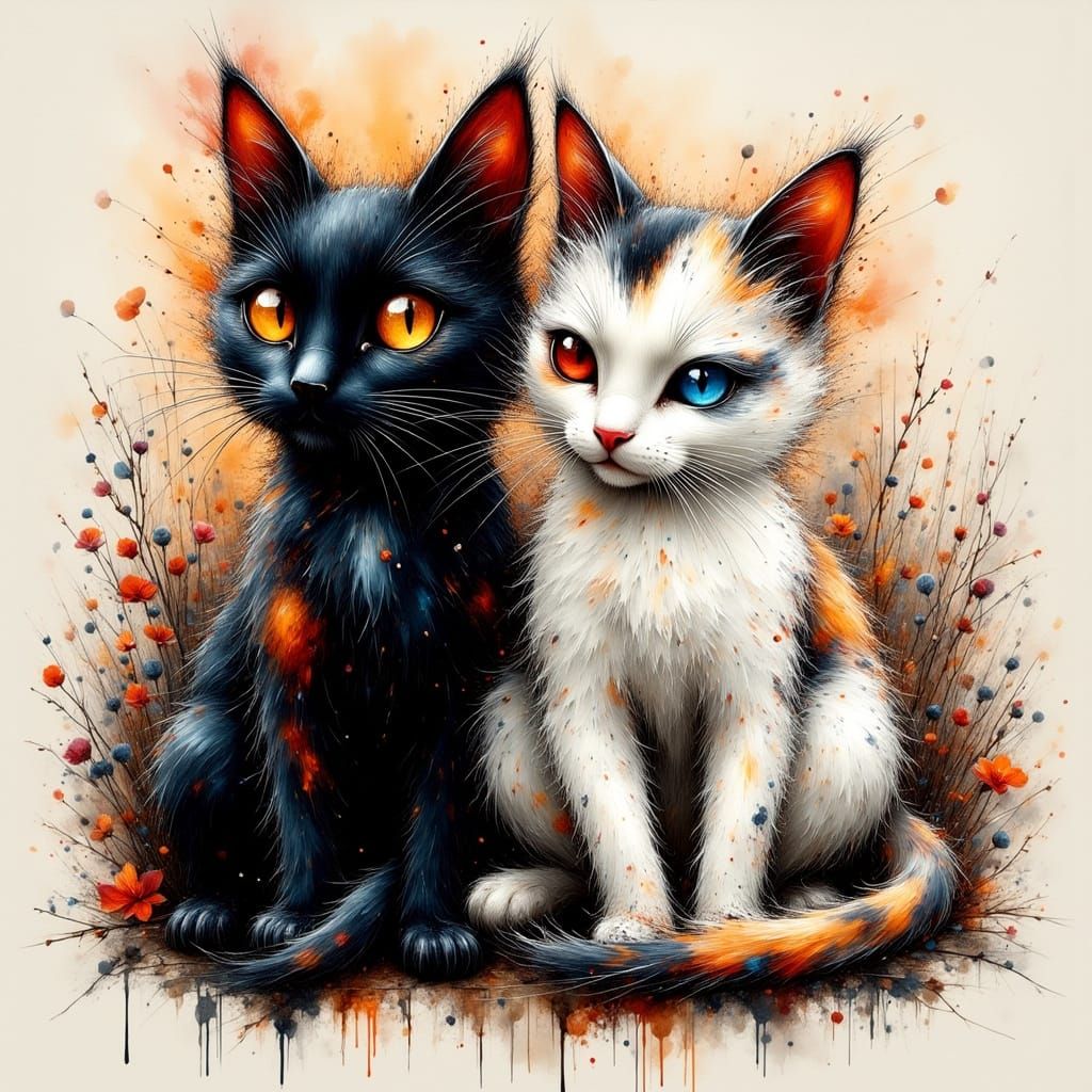 Contrasting Cats in Whimsical Illustration Style