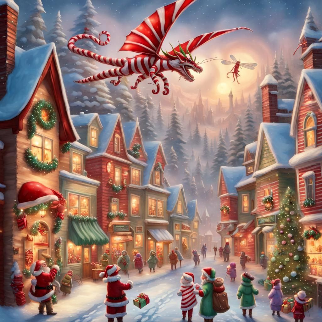 Candy Cane Dragon Spitting Treats Over Christmas Village