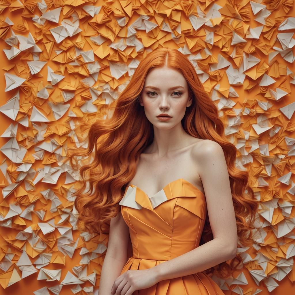 Beautiful Woman with Orange Hair in Papercraft Style