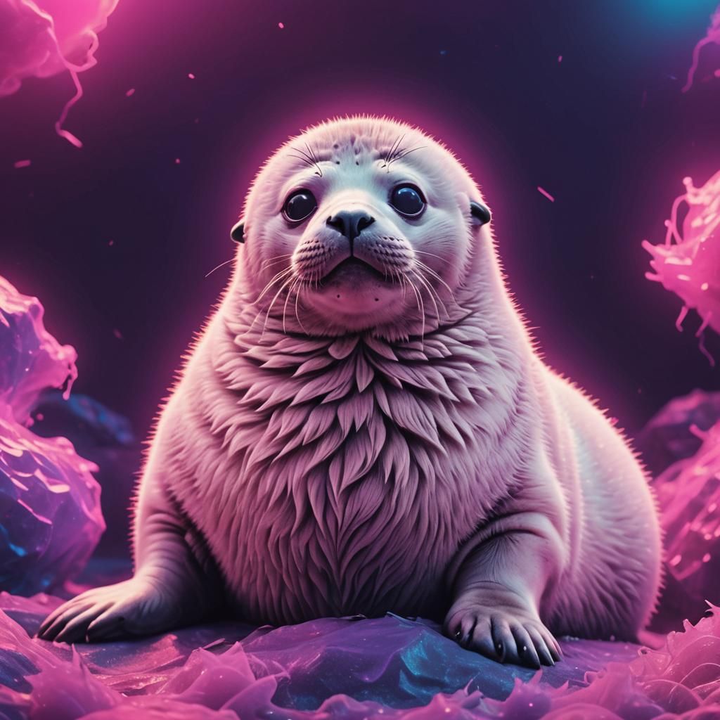 Fluffy Baby Seal with Sad Eyes in Synthwave Style