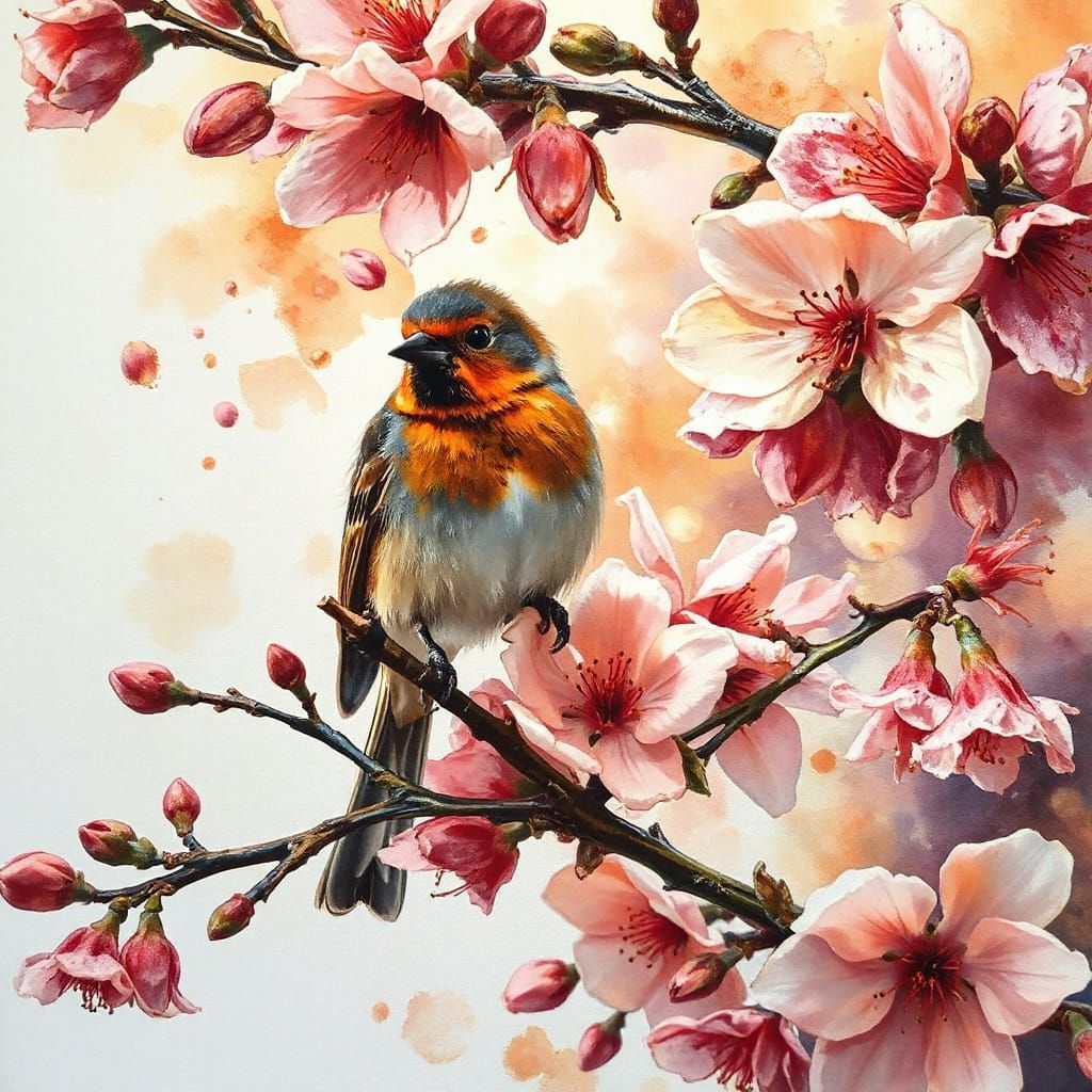 Bird on Floral Branch in Mixed Media Style