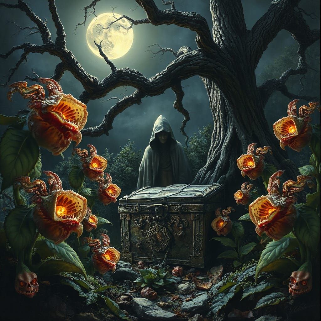 Mystical Garden with Carnivorous Flowers as Oil Painting